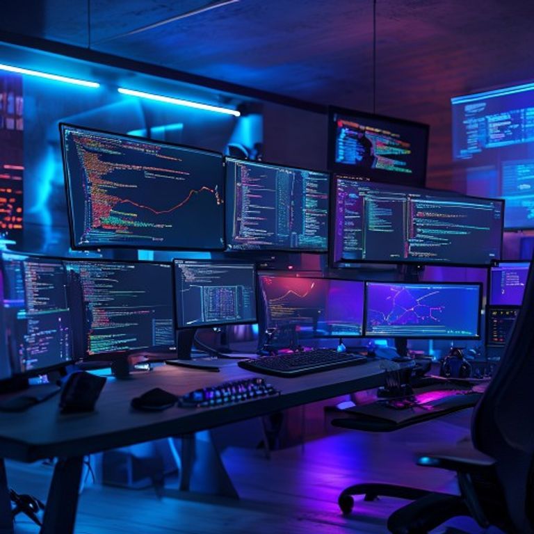 A high-quality, professional cinematic shot of a modern developer's workspace with multiple monitors showing complex code structures and Git branching diagrams, soft ambient blue and purple lighting, 8k resolution, realistic software engineering environment.
